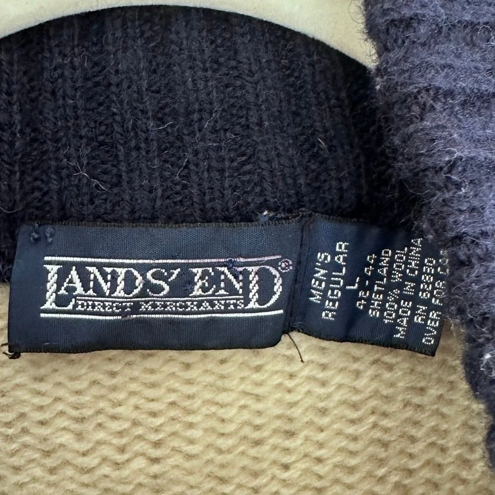 Vintage Lands End Wool Cardigan Sweater Men's Full Zip Knit Polar Bear Pine Tree